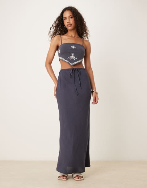 ASOS DESIGN linen blend bias maxi skirt in navy - view 1