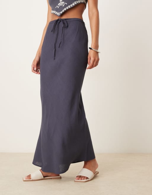 ASOS DESIGN linen blend bias cut maxi skirt in navy
