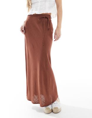 Asos Design Linen Blend Bias Midi Skirt In Brown