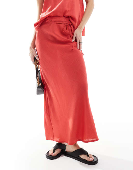 ASOS DESIGN linen blend bias midi skirt in red