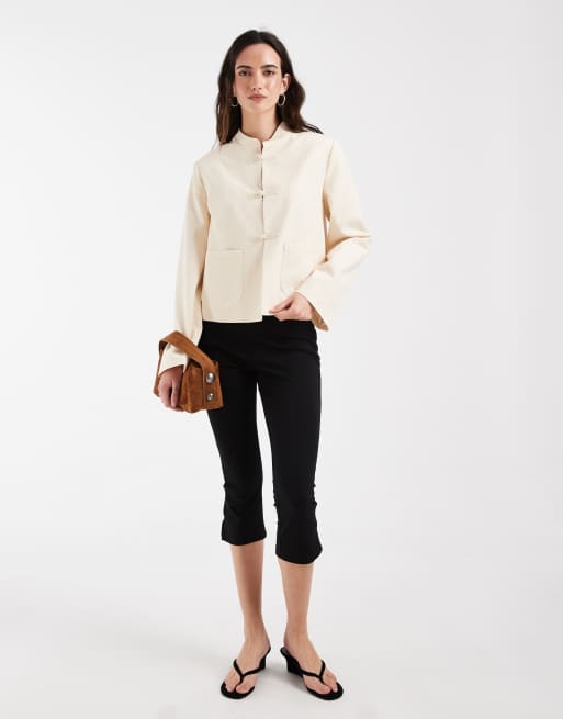 ASOS DESIGN linen blend boxy fit mandarin jacket in cream, 2 of 4