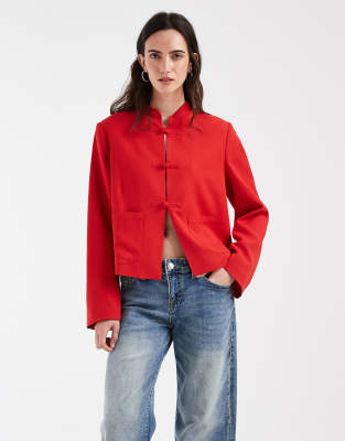 Asos Design Linen Blend Boxy Fit Mandarin Jacket In Red