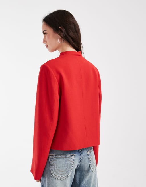 ASOS DESIGN linen blend boxy fit mandarin jacket in red, 4 of 4