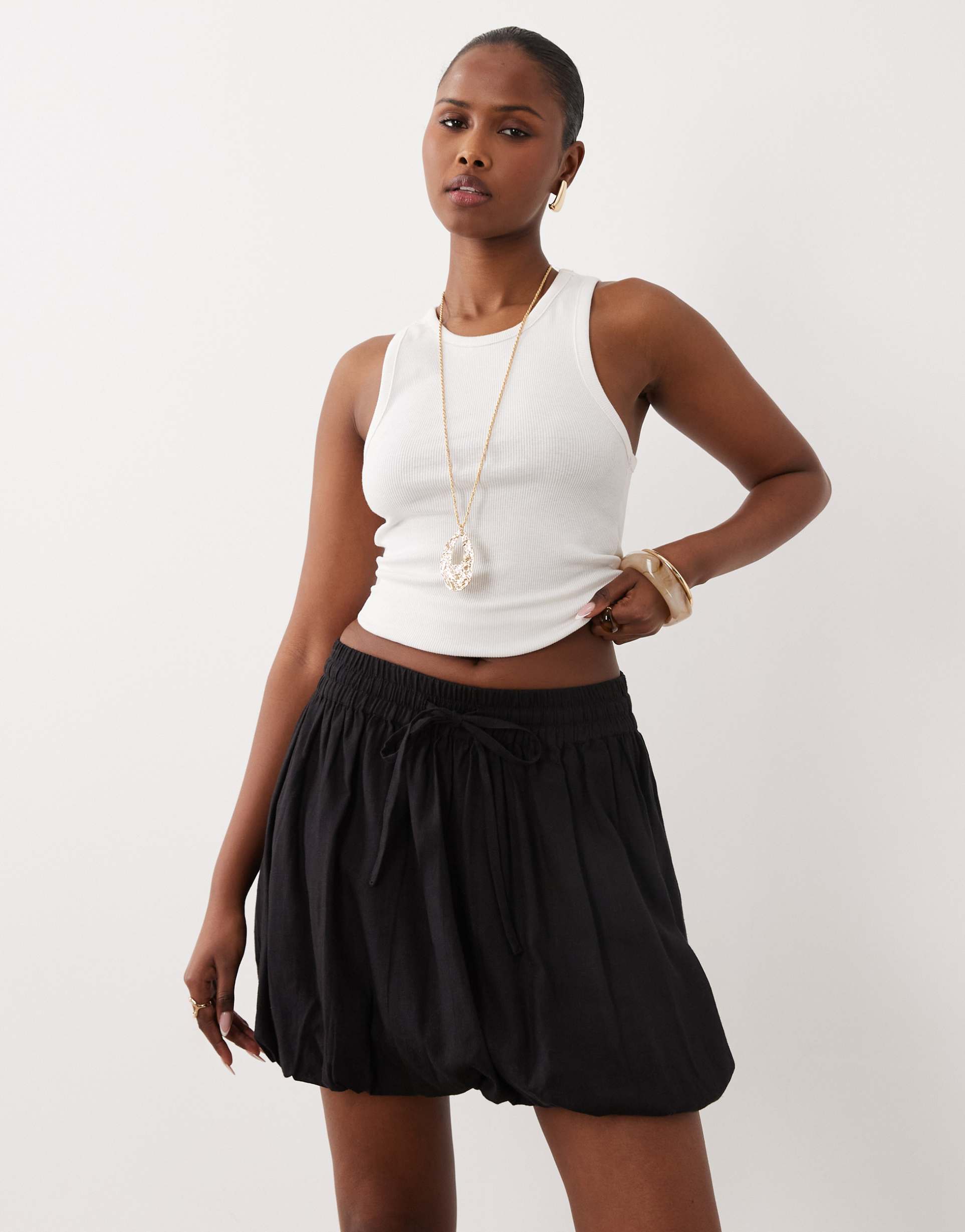 asos design linen blend bubble mini skirt in black