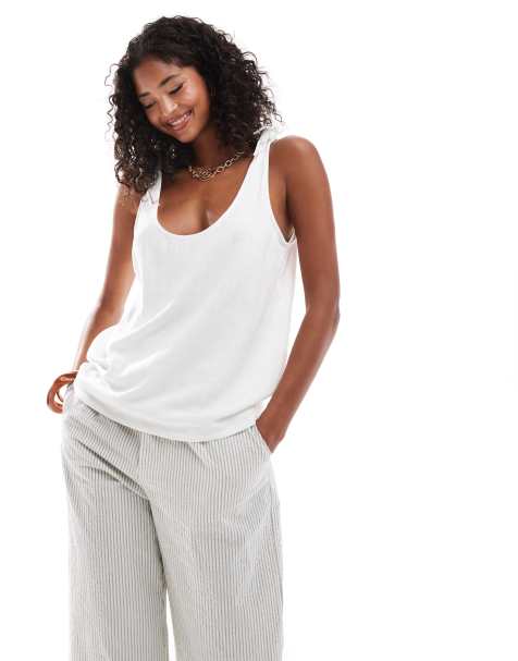 ASOS DESIGN linen blend cami with tie straps in white - view 1