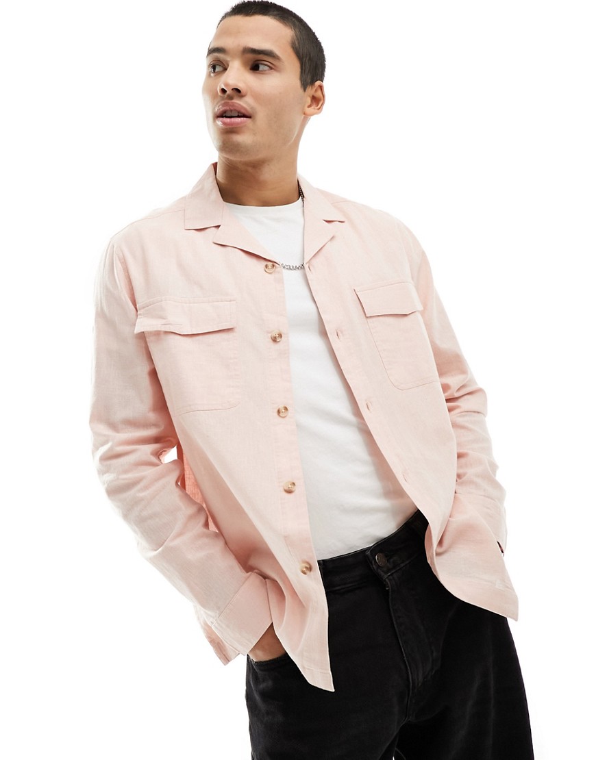 Asos Design Linen Blend Camp Collar Overshirt With Double Pockets In Light Pink