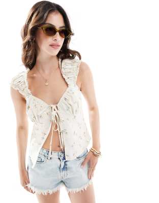 Asos Design Linen Blend Cap Sleeve Tie Front Top In Floral Print-white