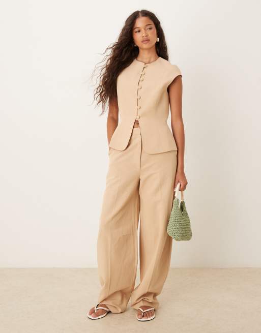 ASOS DESIGN linen blend cap sleeve vest in neutral