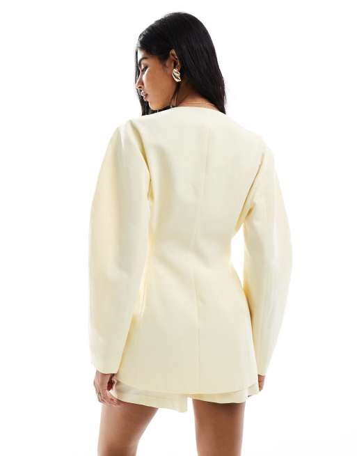ASOS DESIGN linen blend cinch collarless blazer in buttermilk