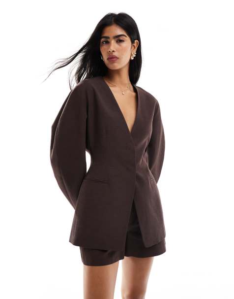 ASOS DESIGN linen blend cinch collarless blazer in chocolate - view 1