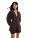 [ASOS DESIGN] ASOS DESIGN linen-blend cinch collarless blazer in chocolate-Brown 12 Chocolate