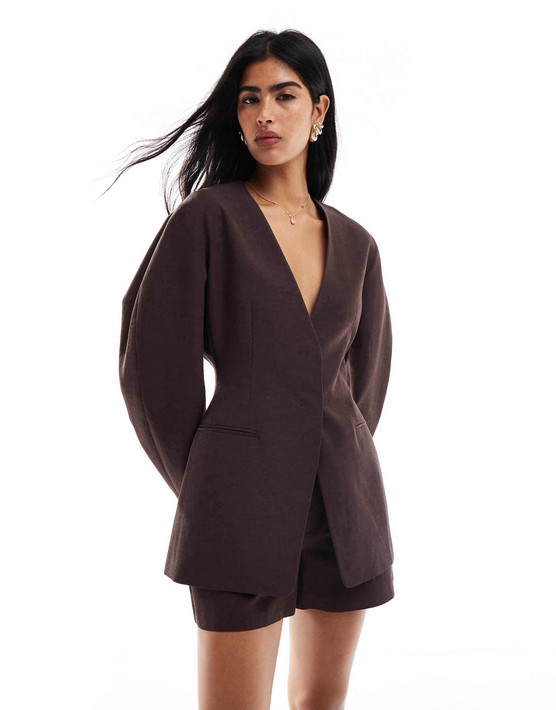 asos design linen blend cinch collarless blazer in chocolate
