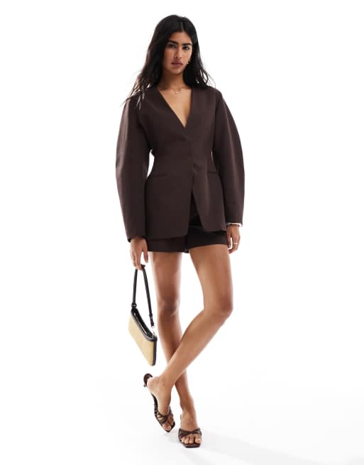 ASOS DESIGN linen blend cinch collarless blazer in chocolate