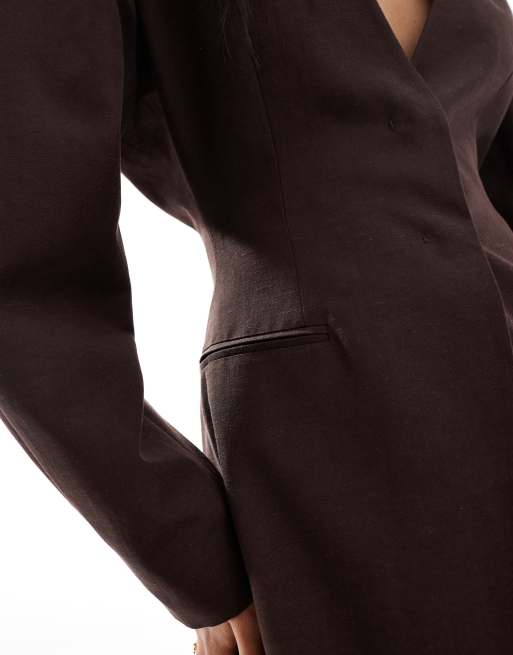 ASOS DESIGN linen blend cinch collarless blazer in chocolate