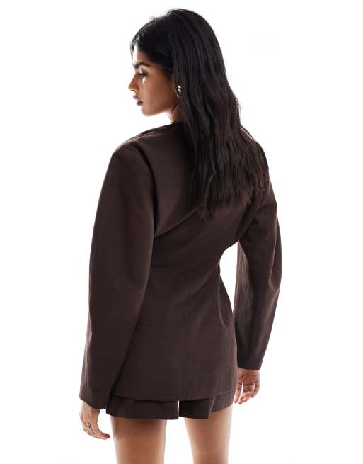ASOS DESIGN linen blend cinch collarless blazer in chocolate