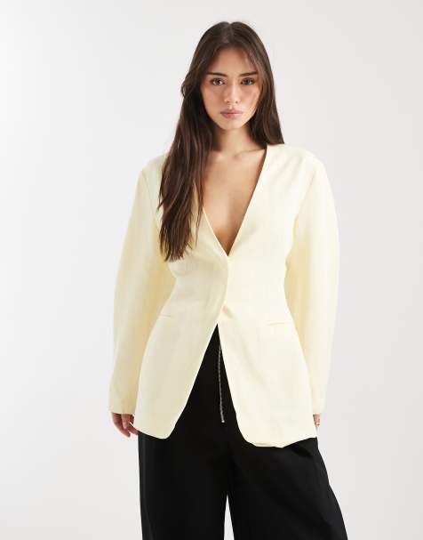 ASOS DESIGN linen blend cinch collarless blazer in natural - view 1