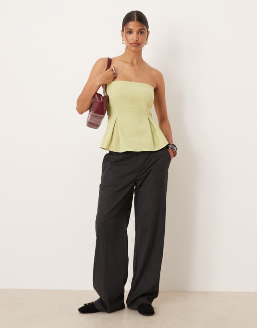 ASOS DESIGN linen blend cinch waist bandeau top co-ord in sage green, 2 of 4