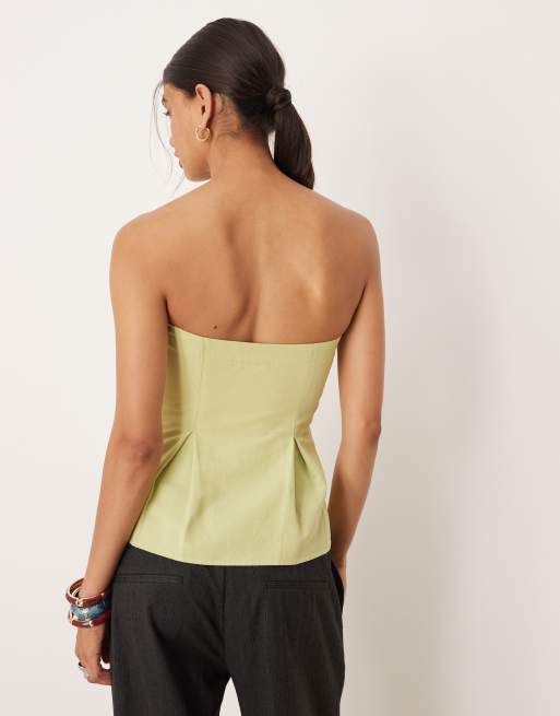 ASOS DESIGN linen blend cinch waist bandeau top co-ord in sage green, 4 of 4