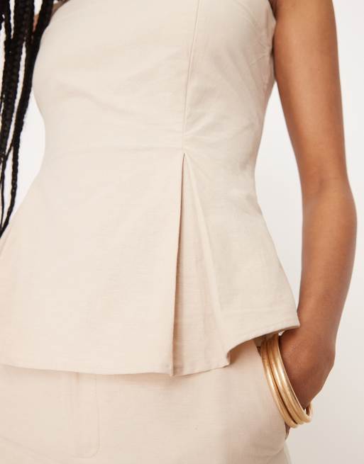 ASOS DESIGN - Top bandeau en lin mélangé à taille cintrée - Beige