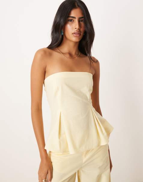 ASOS DESIGN linen blend cinch waist bandeau top in buttermilk co ord - view 1