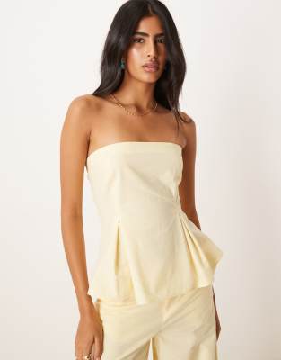 linen blend cinch waist bandeau top in buttermilk - part of a set-Yellow