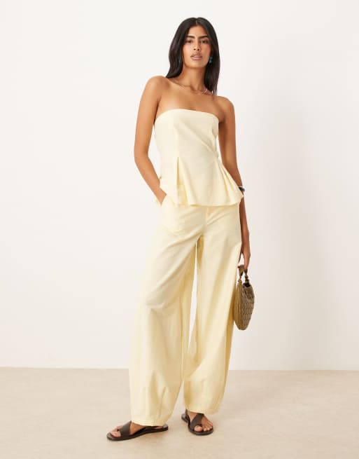 ASOS DESIGN linen blend cinch waist bandeau top in buttermilk - part of a set