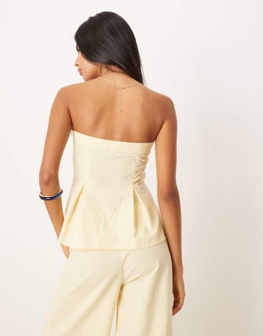 ASOS DESIGN linen blend cinch waist bandeau top in buttermilk - part of a set