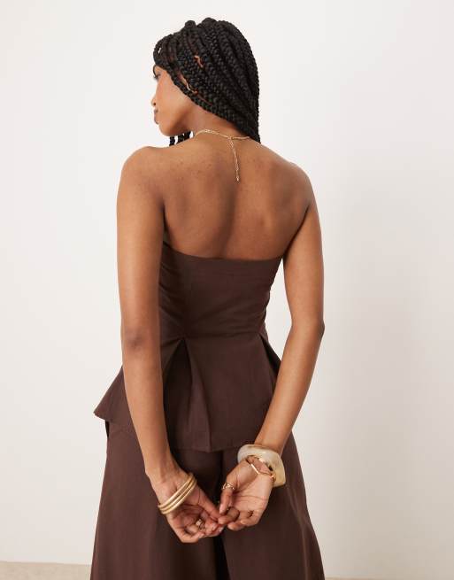 ASOS DESIGN linen blend cinch waist bandeau top in chocolate