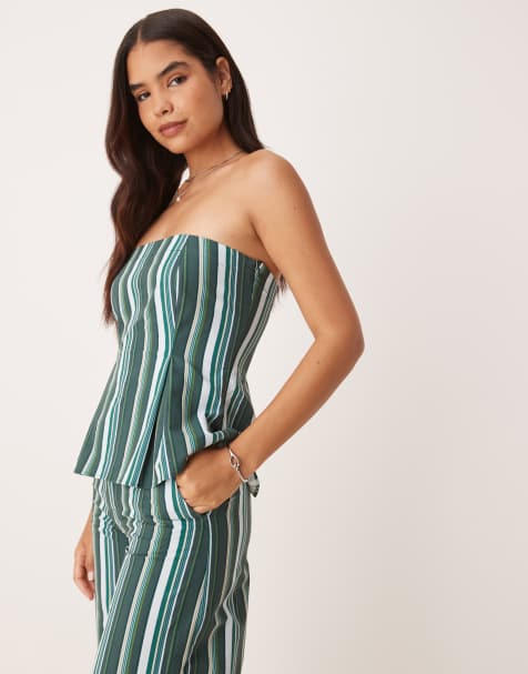ASOS DESIGN linen blend cinch waist bandeau top in green stripe co ord - view 1
