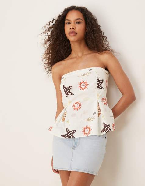 ASOS DESIGN linen blend cinch waist bandeau top in holiday print (part of a set) - view 1