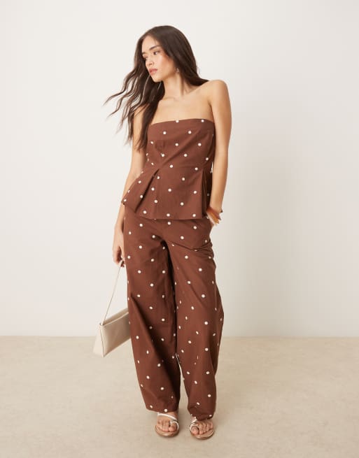 ASOS DESIGN linen blend cinch waist bandeau top in polka dot co ord, 3 of 4
