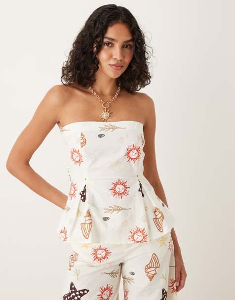 ASOS DESIGN linen blend cinch waist bandeau top in vacation print - part of a set - view 1