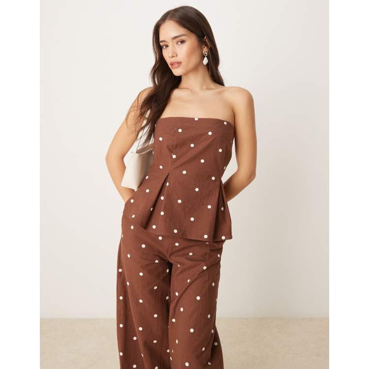 ASOS DESIGN linen blend cinched waist bandeau top in polka