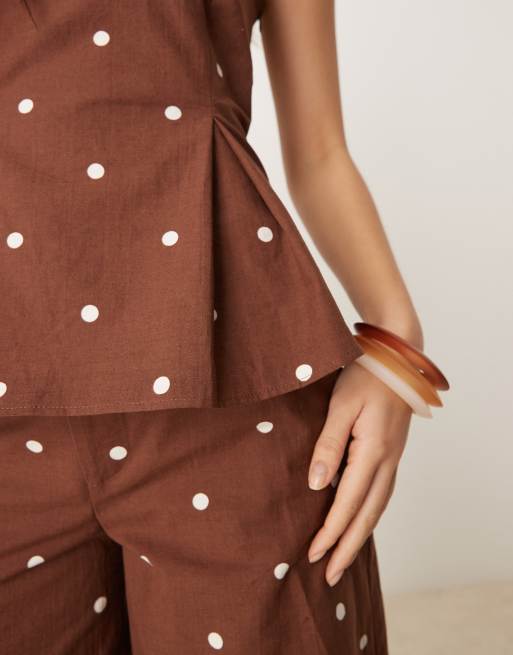 ASOS DESIGN linen blend cinch waist bandeau top in polka dot co ord
