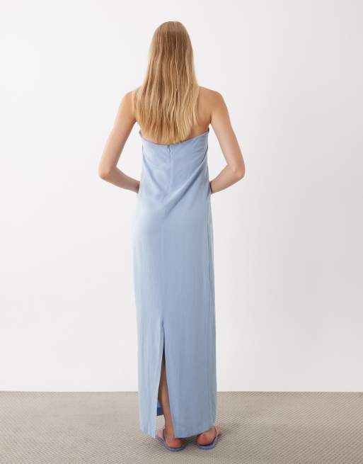 ASOS DESIGN linen blend clean column maxi dress in blue, 3 of 4