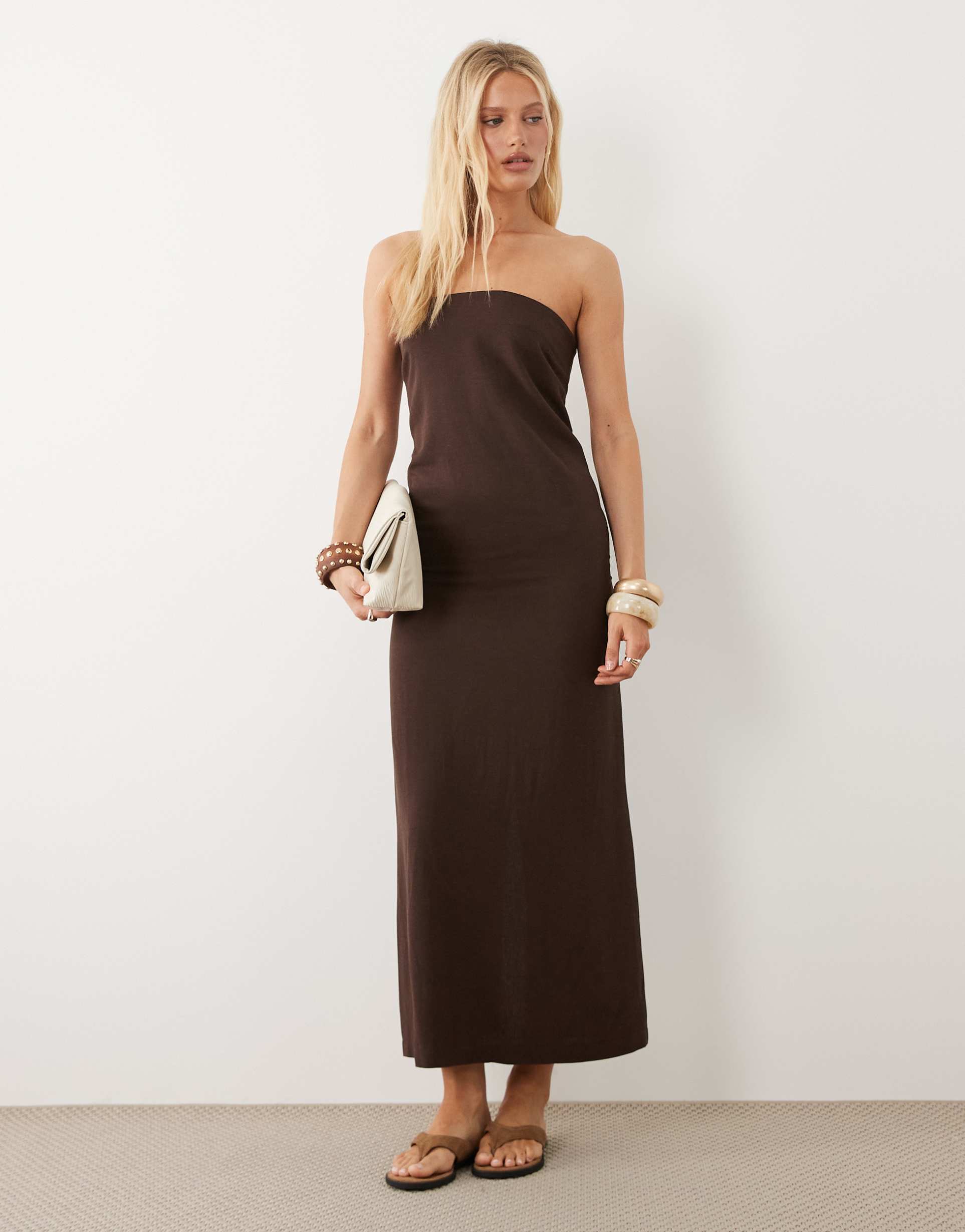 asos design linen blend clean column maxi dress in chocolate