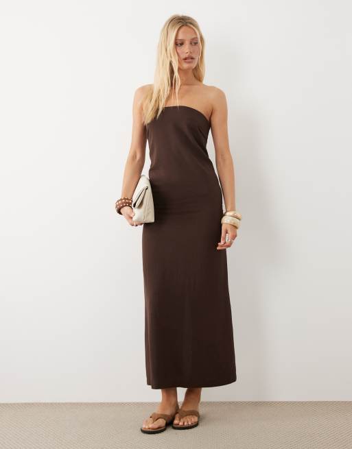 ASOS DESIGN linen blend clean column maxi dress in chocolate | ASOS