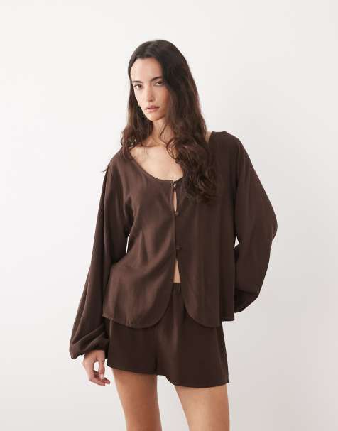 ASOS DESIGN linen blend co ord in chocolate - view 1