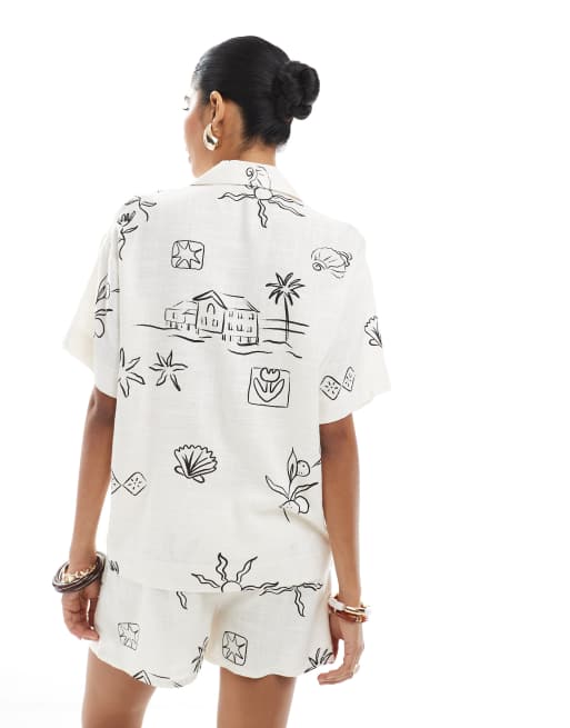 ASOS DESIGN linen blend  co-ord shorts in sketchy print, 3 of 5