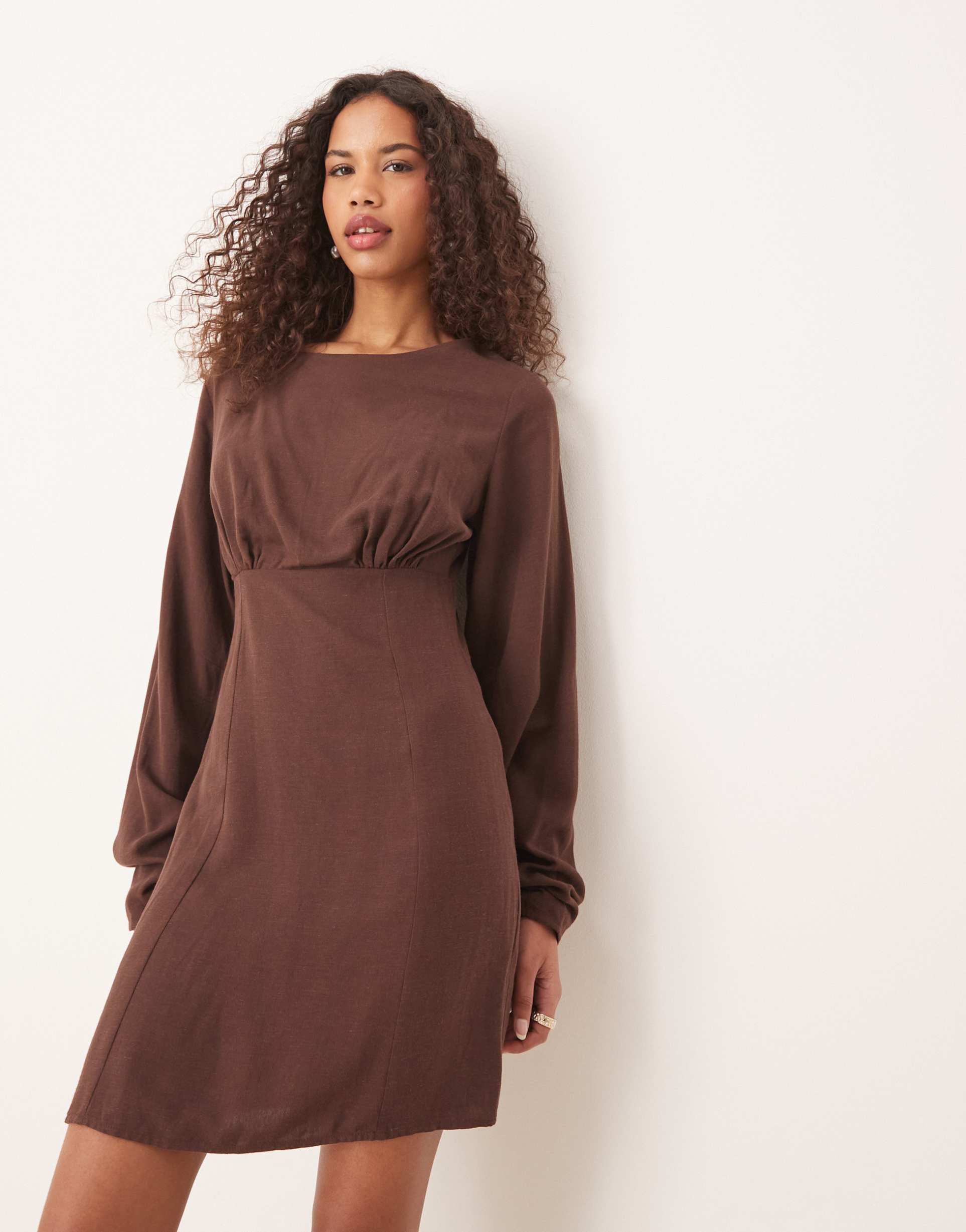 asos design linen blend cocoon sleeve mini dress in chocolate