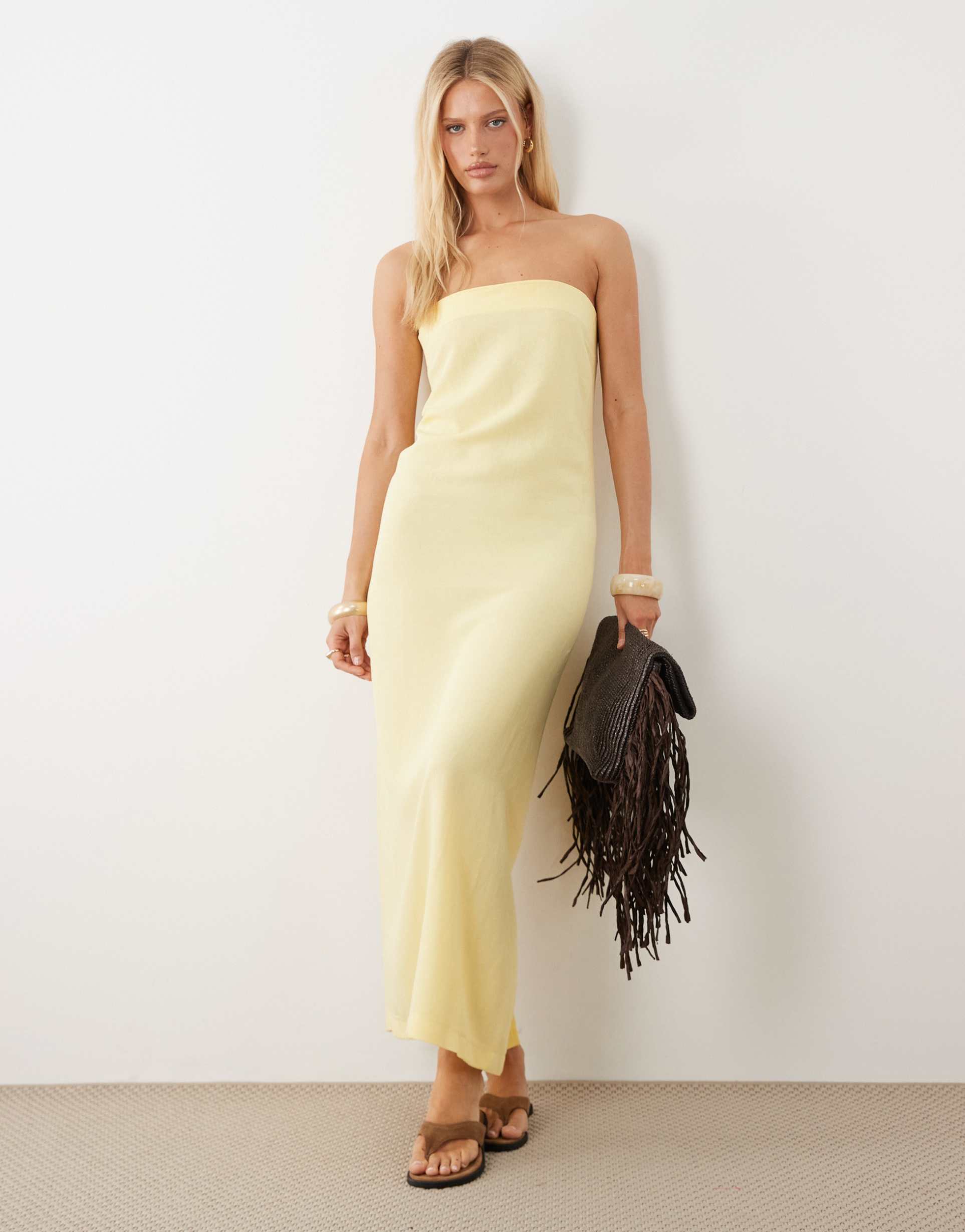 asos design linen blend column maxi dress in buttermilk