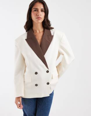 Asos Design Linen Blend Contrast Lapel Blazer Set In White