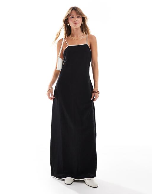 ASOS DESIGN linen blend contrast strap maxi dress in black