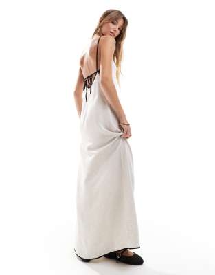 Asos Design Linen Blend Contrast Strap Maxi Dress In Natural-neutral