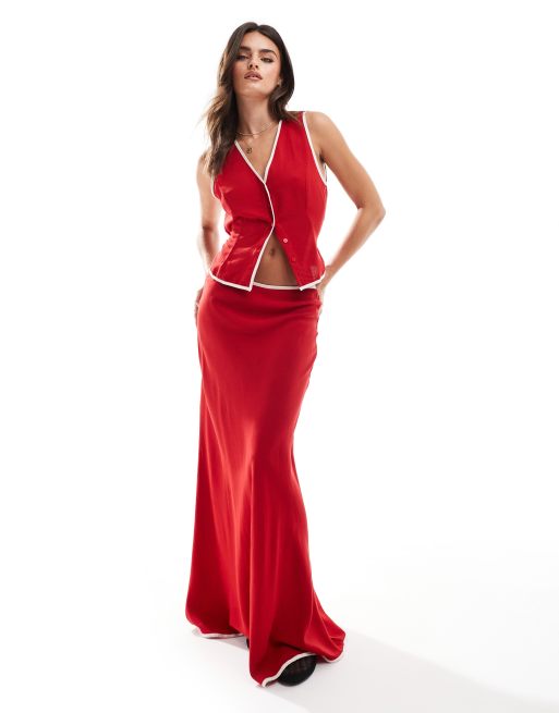 ASOS DESIGN linen blend contrast vest and skirt set in red