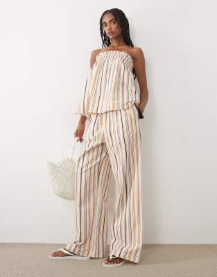 ДИЗАЙНЕРСКИЕ брюки из льняной смеси ASOS с глубоким подолом в кремовую полоску - часть комплекта cream stripe