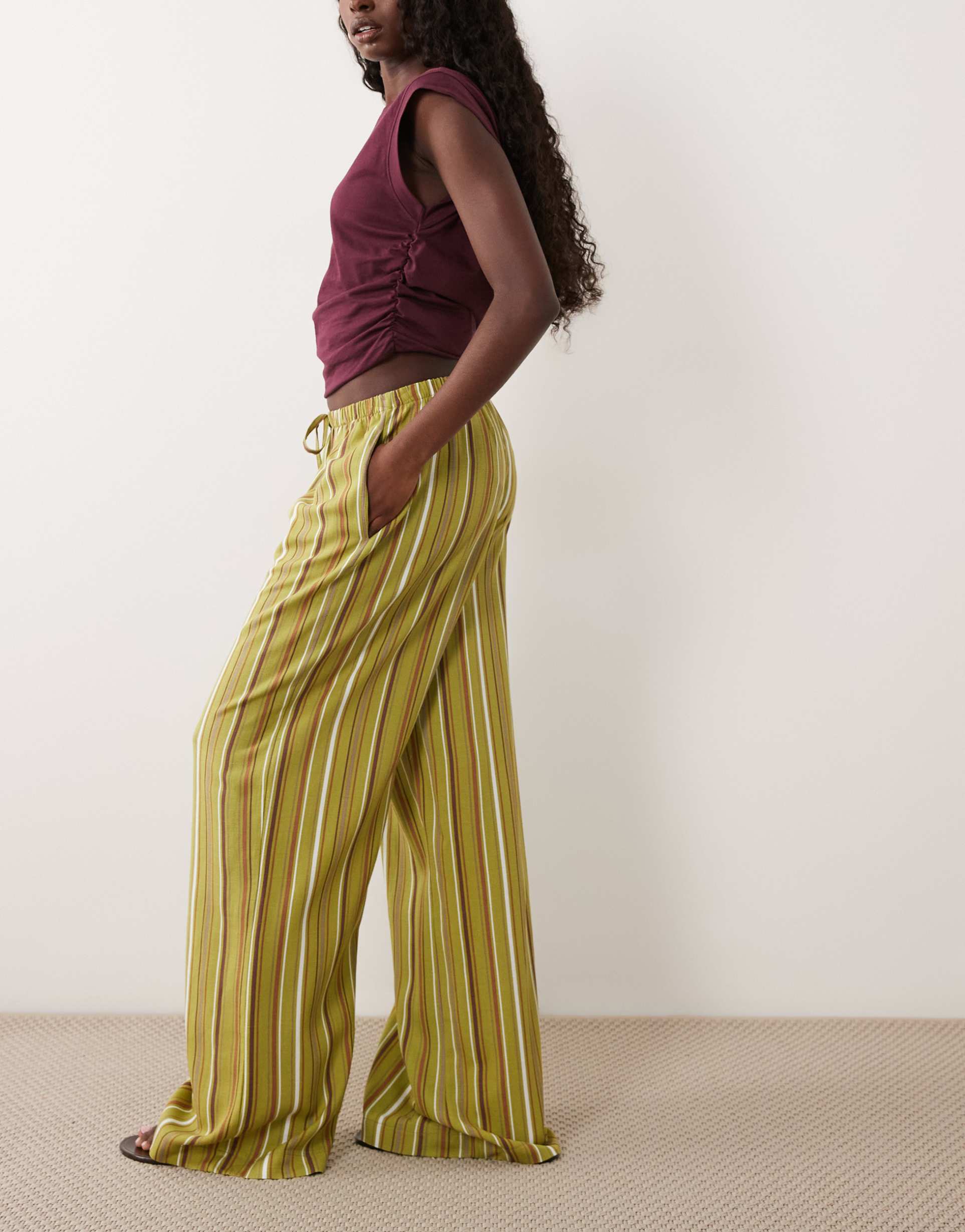 asos design linen blend deep hem pull on wide leg pants in green striped print