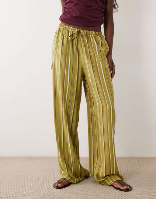 ASOS DESIGN linen blend deep hem pull on wide leg trouser in green stripe, 2 of 5