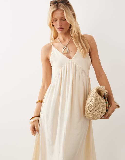 ASOS DESIGN linen blend deep v maxi sundress in ivory, 2 of 4