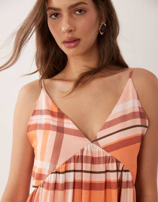 ASOS DESIGN linen blend deep v maxi sundress in orange check, 2 of 4